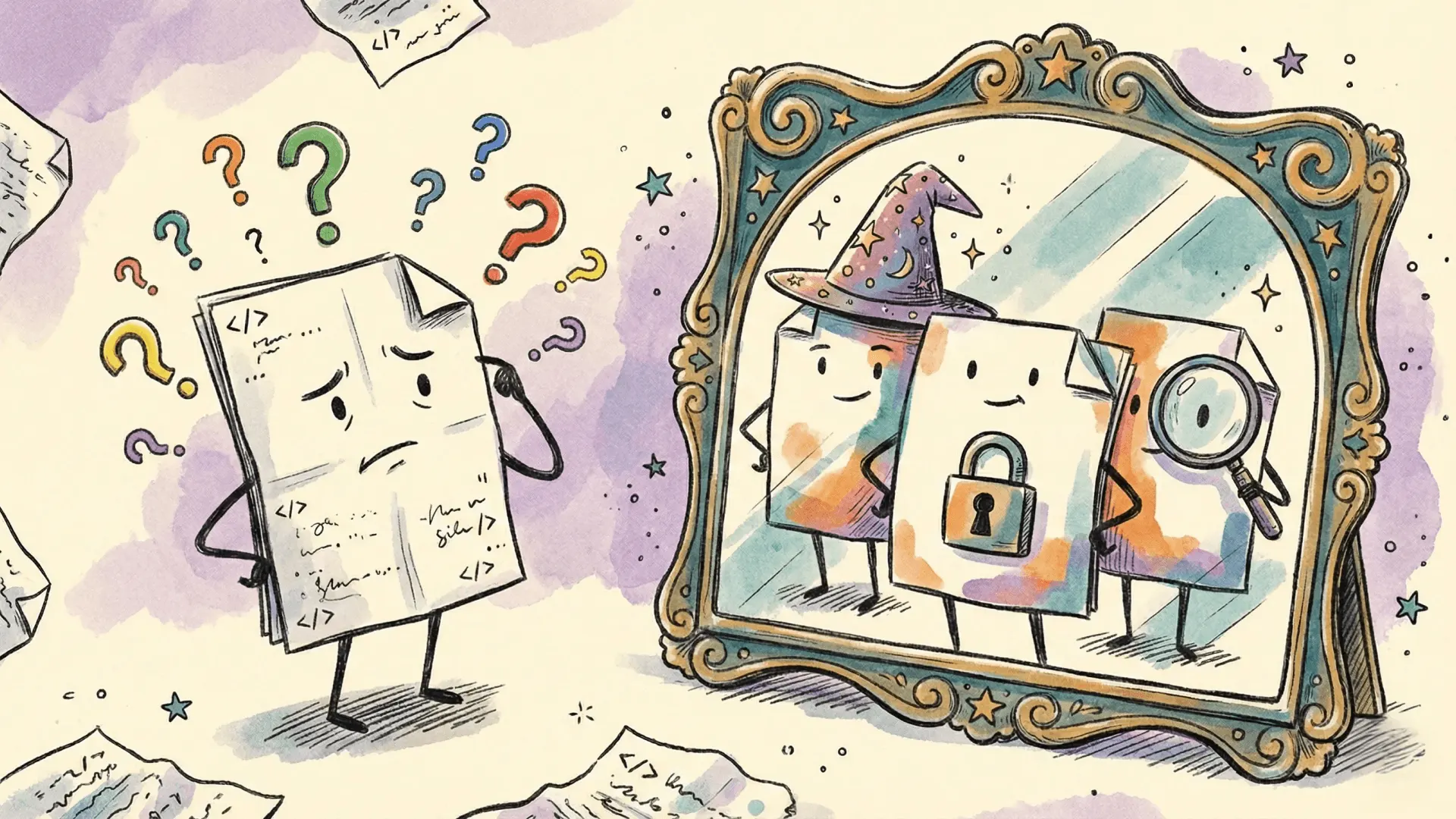 A cartoon illustration of a confused document file looking into a mirror that reflects three different personas: a wizard, a secure file, and an inspected document, symbolizing the many misconceptions of llms.txt.
